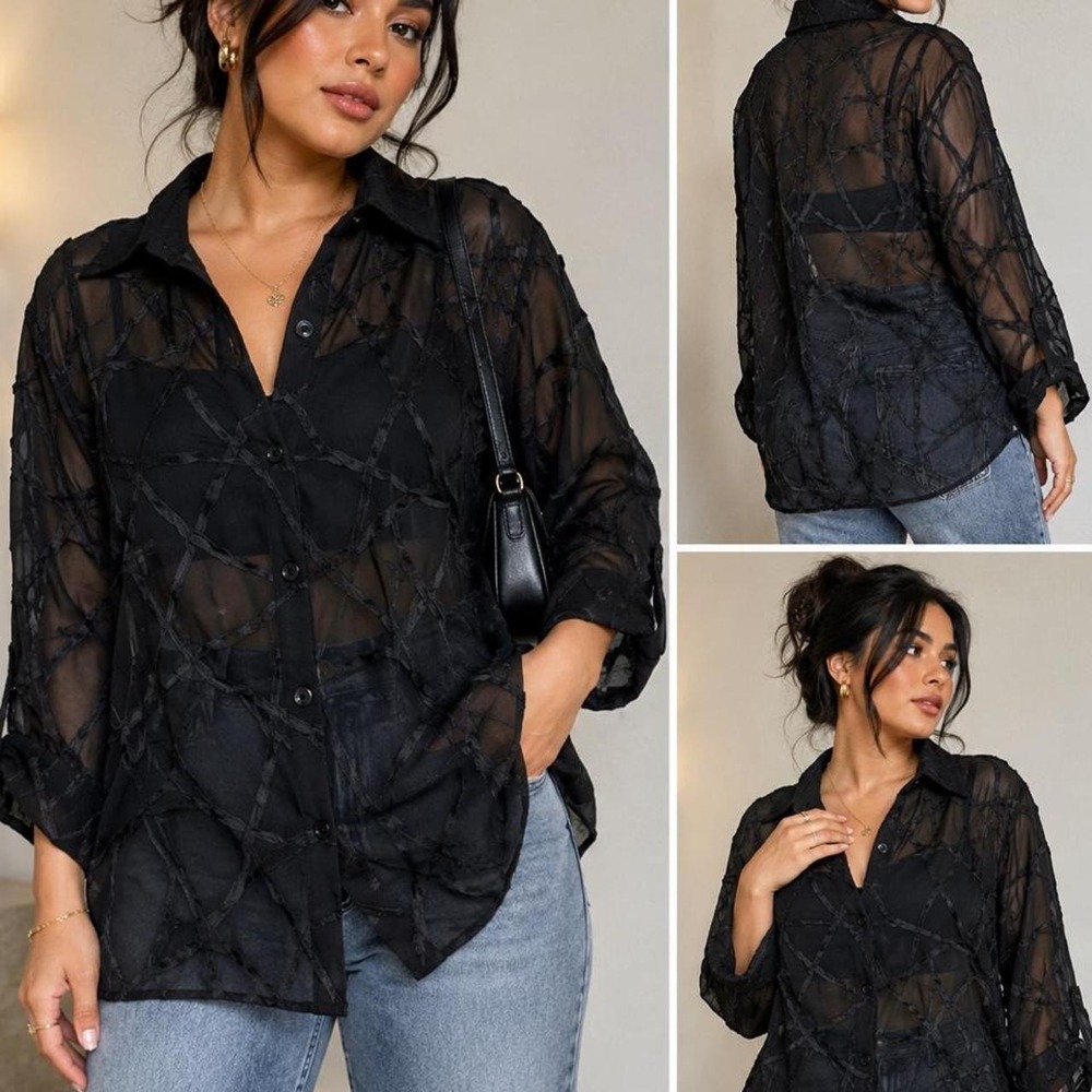 Coldwater Creek Black Sheer Abstract Applique Button Blouse Art to Wear